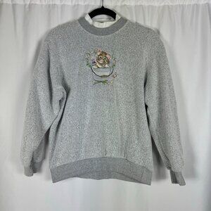 Vtg Bonworth Grey Terry Knit Sweatshirt Embroidered Cat in Pail Cottagecore XSP